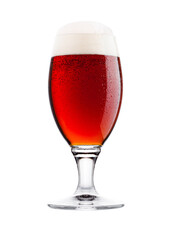 Cold glass of red bitter beer with foam and dew isolated on white background