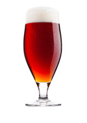 Cold glass of red bitter beer with foam and dew isolated on white background