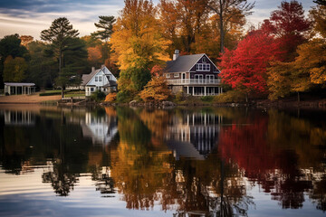 Fototapeta na wymiar beautiful house by the lake in the forest, autumn landscape