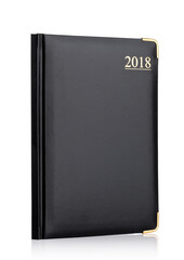 Black leather notebook for 2018 on white background