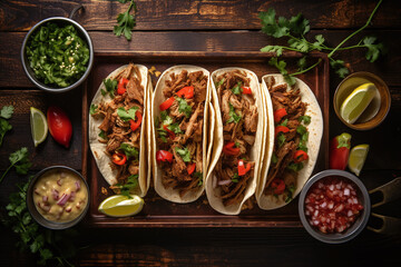 three mexican pork carnitas tacos flat lay composition. Generative AI