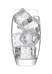 Glass of sparkling water soda drink lemonade with ice on white background