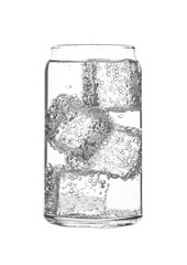 Glass of sparkling water soda drink lemonade with ice on white background