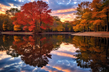 beautiful house by the lake in the forest, autumn landscape