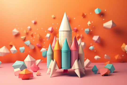 illustration of leadership success business concept rocket paper fly over color background lead rocket stand out of other paper rocket follower. Generative AI