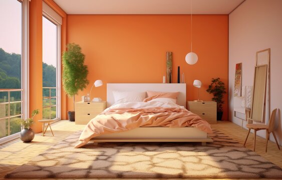 bright orange bedroom paint 3d rendered render Generative AI