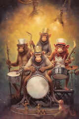 band. the musicians in the band are monkeys. the band stands on the music stage. Generative AI