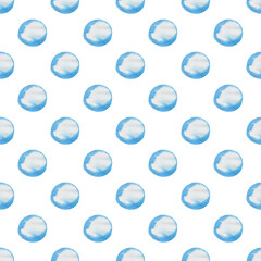 Decorative hand drawn watercolor seamless pattern with round blue blots on a white background