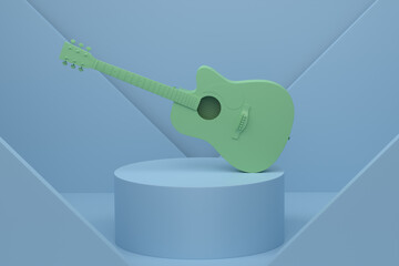 Electric acoustic guitar on cylinder podium with step on monochrome