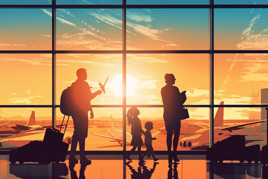 Family at airport travelling with young child and luggage walking to departure gate, girl pointing at airplanes through window, silhouette of people, abstract international air travel c. Generative AI