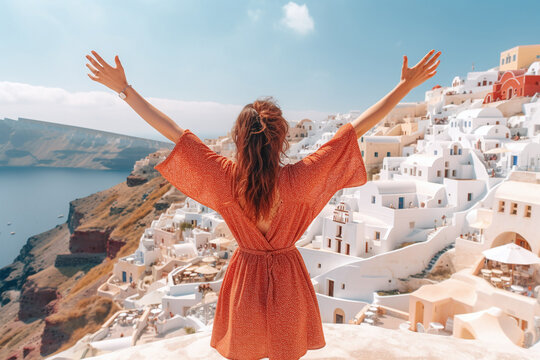 Europe travel vacation fun summer woman feeling free dancing with arms open in freedom at Oia, Santorini, Greece island. Carefree girl tourist banner panorama. Generative AI
