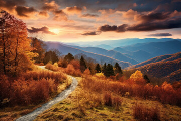 beautiful sunset over yellow and red autumn forest in the mountains