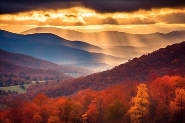 Fototapeta na wymiar beautiful sunset over yellow and red autumn forest in the mountains