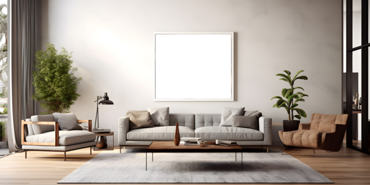 Modern White Living Room with Blank Wall Mockup
