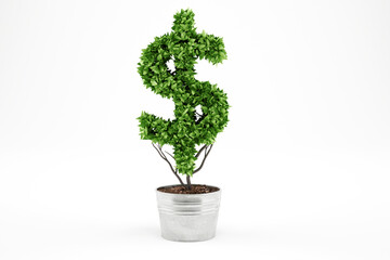 Concept of green economy. Plant with money symbol. 3D Rendering