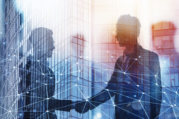 Handshaking business person in the office with network effect. concept of teamwork and business partnership. double exposure