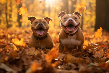 Two staff terriers in yellow leaves of autumn trees in the park