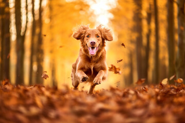 running retriever in yellow leaves of autumn trees in the park
