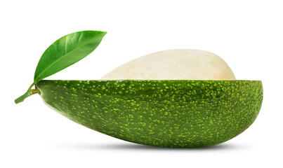 Isolated avocado. Half of fresh avocado fruit with stone and leaf isolated on white background, with clipping path