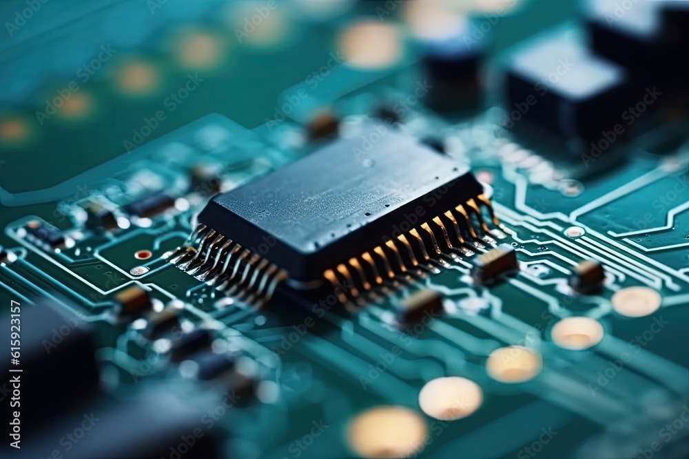 Poster close-up view of a computer chip on a printed circuit board