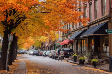 Beautiful city street with cars, houses and yellow leaves on trees in autumn season
