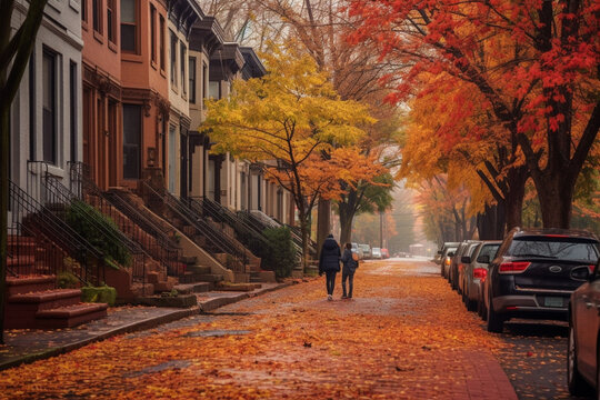 Beautiful city street with cars, houses and yellow leaves on trees in autumn season
