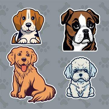 vector dog stickers of different breeds, illustration of boxer dog, beagle, maltese and golden retriever, pet sticker