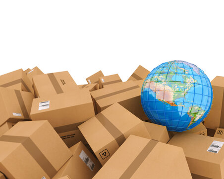 Closed cardboard boxes and wrapped with adhesive. Earth globe map on boxes. Concept of internetional shipment and globalization. 3D Rendering