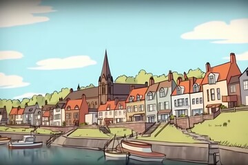 Obraz premium coastal town with boats in the harbor