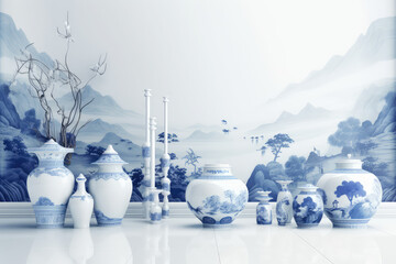 Set of creative porcelain tableware in white with blue national traditional designs. Vintage Japanese tableware with painting against light color wall. Generative AI professional photo imitation.