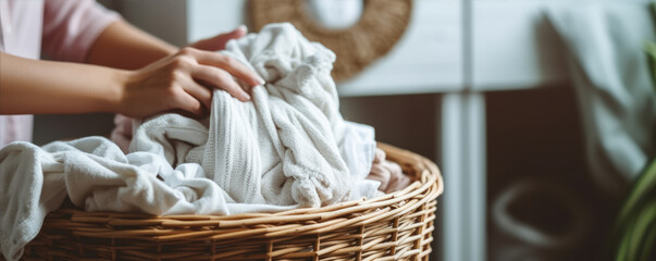 Fototapeta na wymiar Women's hands and a basket of dirty laundry. Generative AI