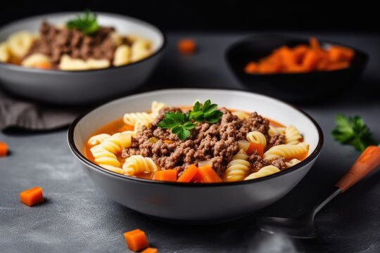 delicious bowl of pasta with meat and carrots, ready to be served