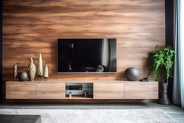 modern living room with tv wooden theme