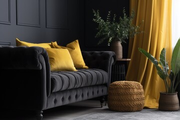 modern living room featuring a black couch and yellow curtains
