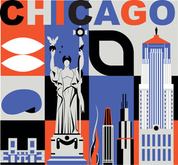 Typography word Chicago branding technology concept. Collection of flat vector web icons. American culture travel set, architectures, specialties detailed silhouette. Doodle famous landmarks.
