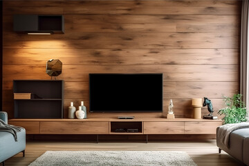 modern living room with tv wooden theme