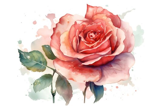 Beautiful watercolor rose flower on white background. Generative AI.