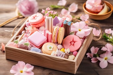 Fototapeta na wymiar colorful assortment of macarons inside a wooden box