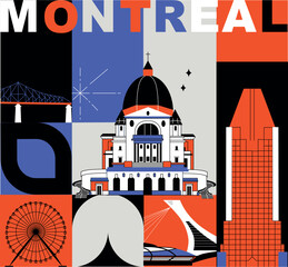 Typography word "Montreal" branding technology concept. Collection of flat vector web icons, culture travel set, famous architectures, specialties detailed silhouette. Canadian famous landmark.