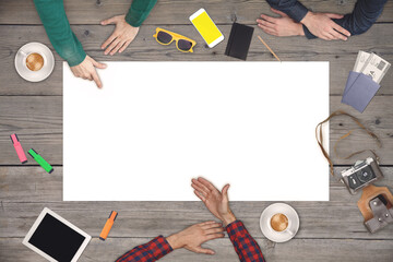 Group of people planning trip on the map. Travel concept. Top view.