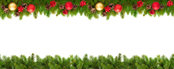 Christmas tree branches on white background as a border or template for christmas card