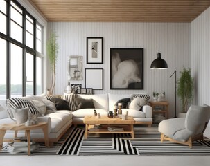 a neutral living room with white furniture Generative AI