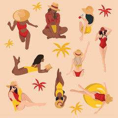 A set of beautiful black and white girls resting on beach during vacation for cards, webs, posters in faceless style in red, yellow, orange colors