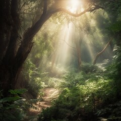 A misty forest scene with rays of sunlight