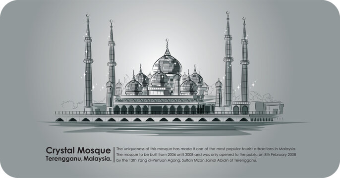 Important mosque of islam On gray background, islamic history, tourist attraction, world heritage, building. line art black and white vector illustration.