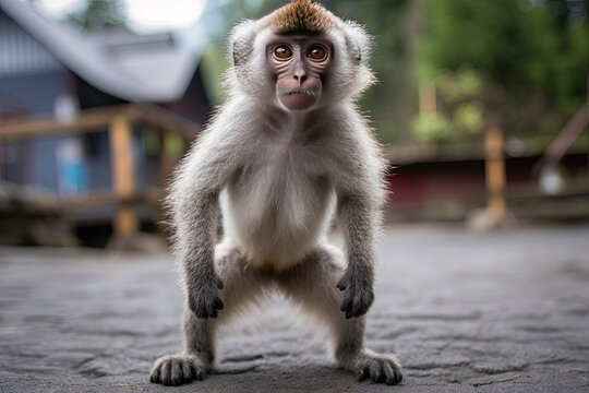 a monkey that is standing on its hinds and looking at the camera while it stands in the middle of the photo