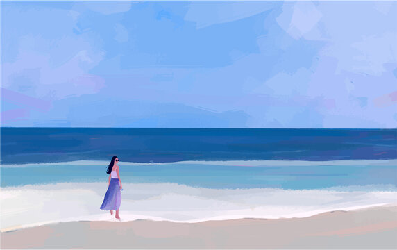 Girl in a beach walking alone digital art illustration