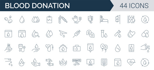 Blood Donation Icon Set. Charity, Help, volunteer, donated, sharing, and solidarity line icons vector