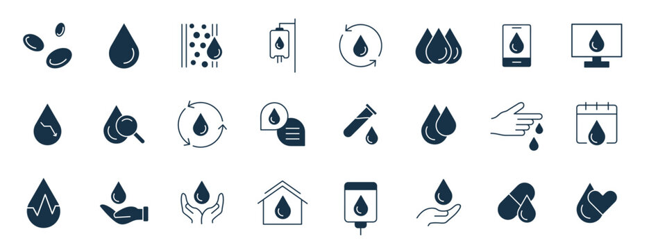 Blood icon set. Charity, Hematology, Blood Cell, Vessel, DNA, Blood Group, RH Factor, Blood Test, and blood donation solid icons vector