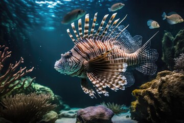 lionfish swimming among colorful corals in an aquarium. Generative AI
